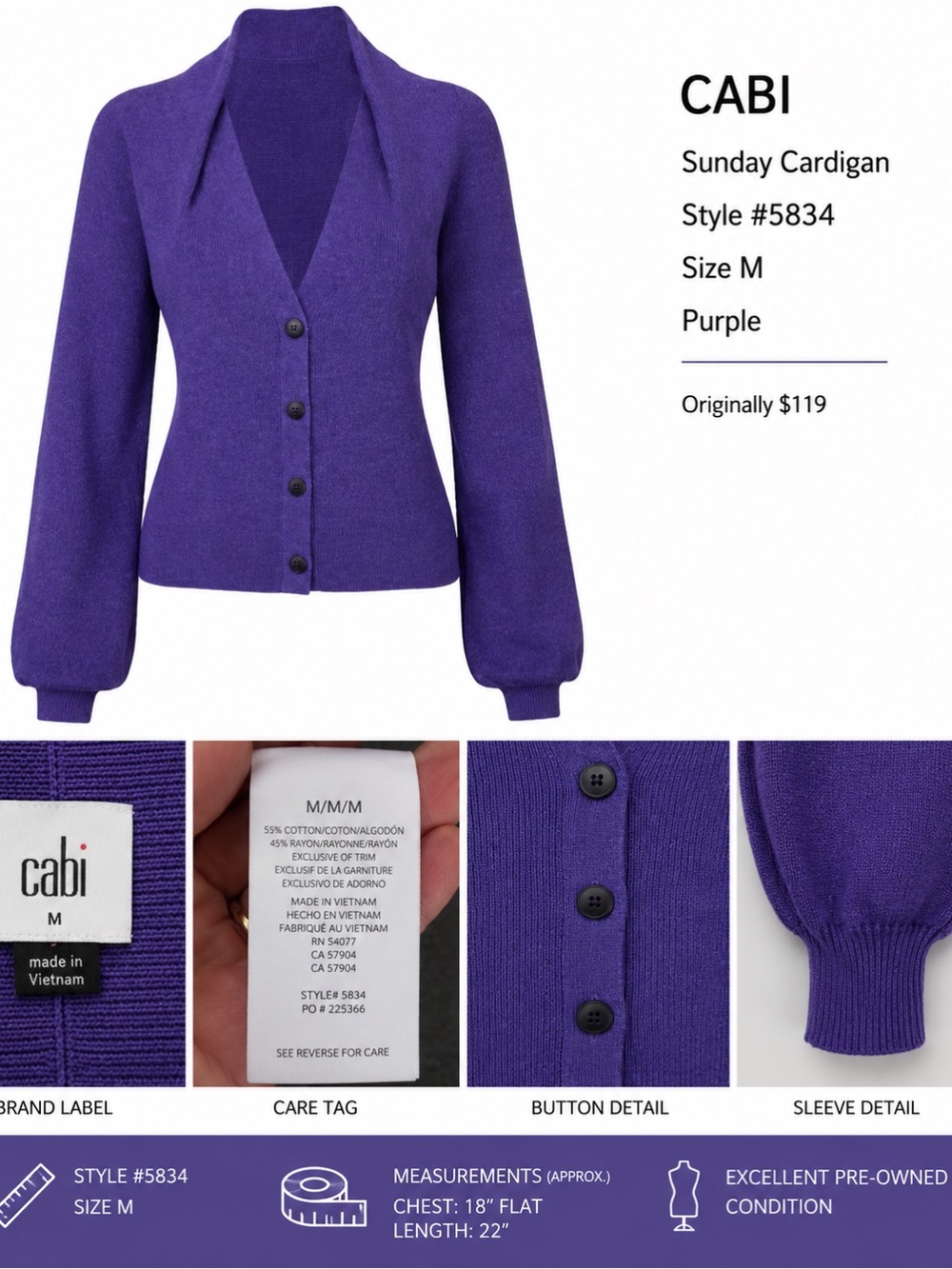 CAbi Purple Sunday Cardigan with Puff Sleeves size M